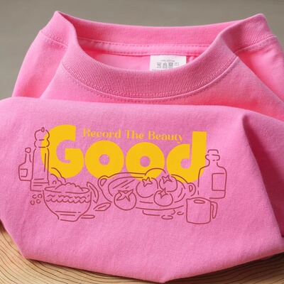 230g粉红色重磅圆领印花短袖t恤