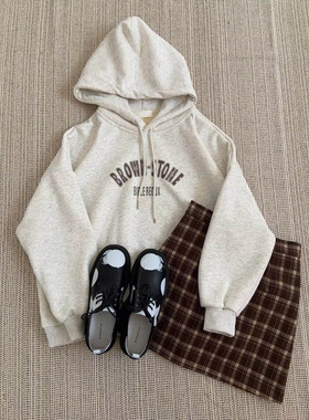 超火cec浅灰色连帽卫衣女秋冬加绒加厚慵懒字母印花外套宽松上衣