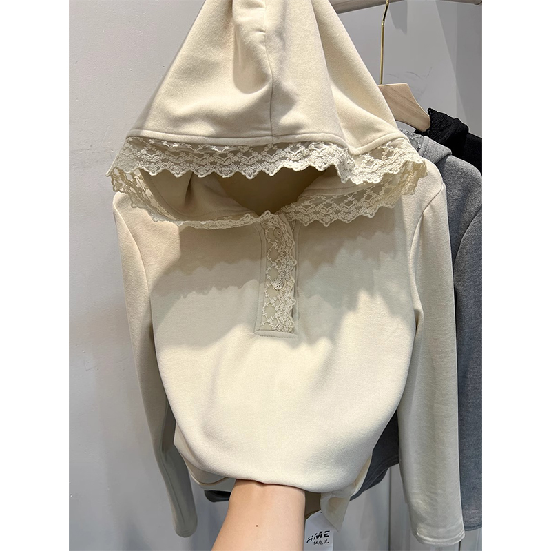 拼接蕾丝边连帽衫长袖T恤女秋冬
