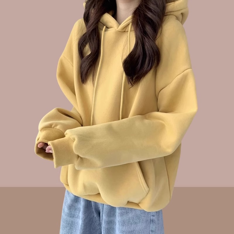 加绒加厚奶黄色连帽卫衣秋冬2024