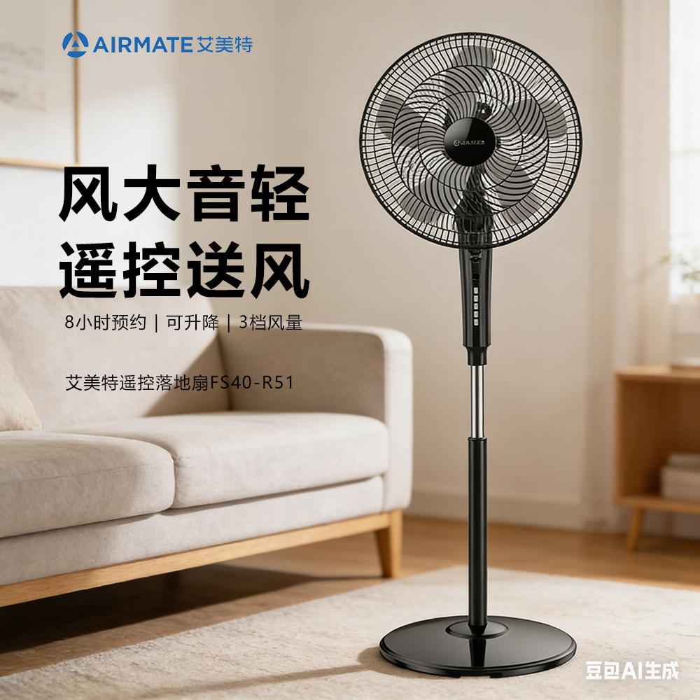 艾美特落地扇家用16寸遥控静音8小时预约可升降电风扇R51