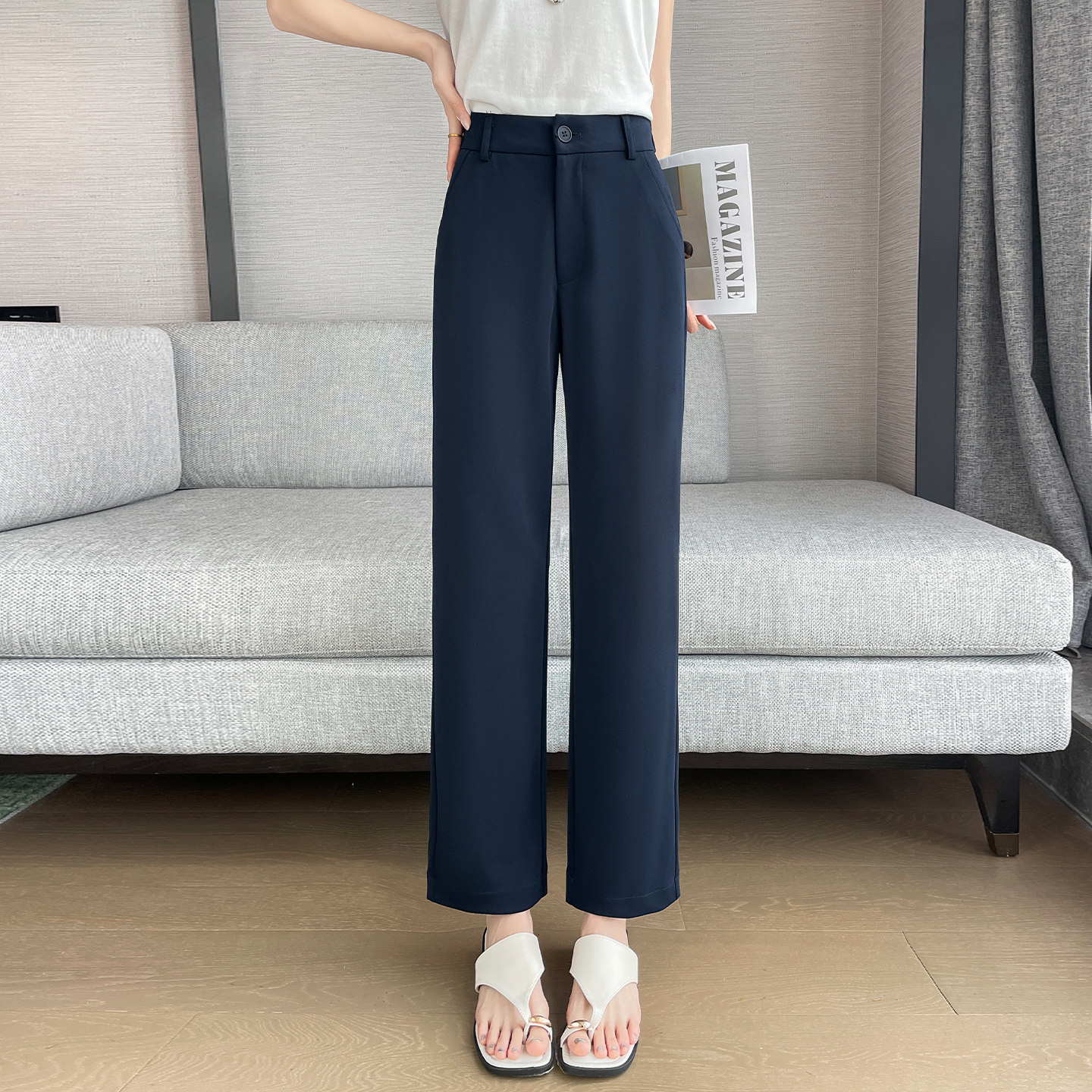 西装直筒裤女夏季薄款2026新款高腰显瘦休闲百搭小个子九分烟管裤