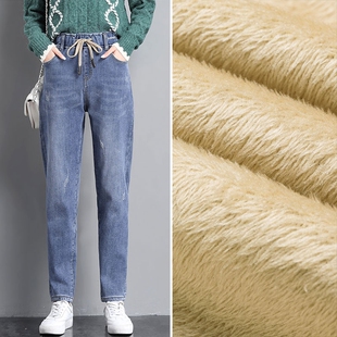 子松紧腰萝卜裤 浅蓝加绒哈伦牛仔裤 保暖老爹裤 冬季 女加厚宽松大码