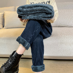 女加厚加绒冬季 老爹裤 新款 显瘦哈伦裤 超厚宽松萝卜裤 羊羔绒牛仔裤