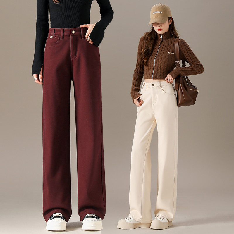 红色加绒加厚阔腿牛仔裤女2026秋冬新款高腰显瘦窄版拖地直筒棉裤
