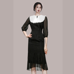 RM9922#夏季气质甜美新款雪纺圆领鱼尾连衣裙女