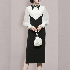 RM9639#新款时尚灯笼袖气质优雅撞色拼接修身连衣裙