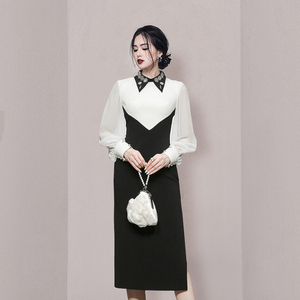 RM9639#新款时尚灯笼袖气质优雅撞色拼接修身连衣裙