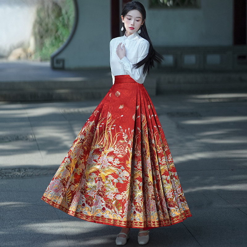 实拍新中式提花国风立领加厚上衣超大摆重工织金刺绣马面裙套装