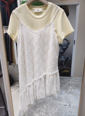 YN2025秋季新款高品质女百搭圆领T加吊带蕾丝上衣真2件套