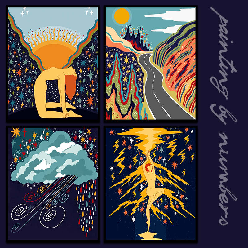 ins卡通动漫星星风景插画休闲减压创意手工填充涂鸦diy数字油彩画