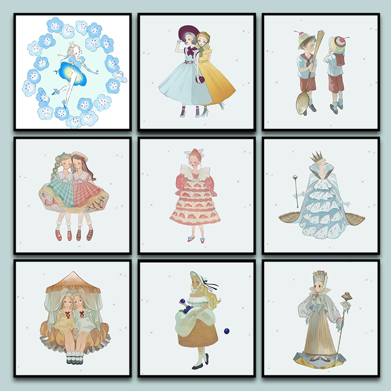 ins小清新双生姐妹插画diy数字油画减压手工涂鸦小尺寸装饰画女孩