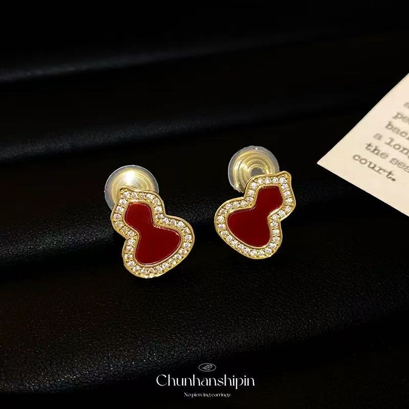 葫芦耳钉红玛瑙镀18k玫瑰金镶钻中国风轻奢气质麒麟耳环女银耳饰