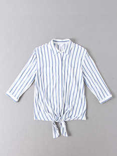 出口加拿大单~女款百搭翻领蓝白竖条纹七分袖下摆打结衬衫