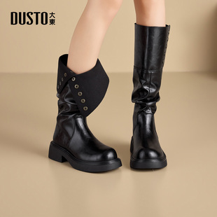 大东长筒靴女鞋2025冬季新款堆堆皮靴时尚长靴两穿黑色骑士靴2227