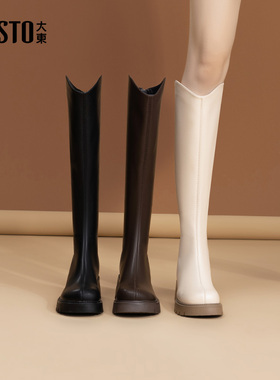 大东骑士靴女鞋2025冬季新款高跟粗跟圆头后拉链厚底小轻靴D1149A