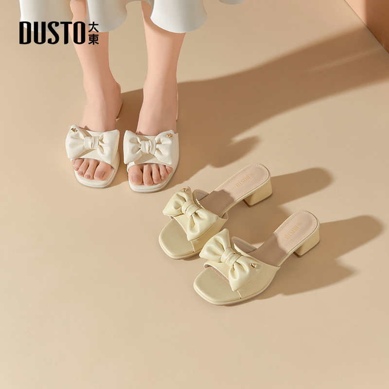 大东时装拖鞋女鞋2025夏季新款甜美粗跟中跟套脚饰花X0612