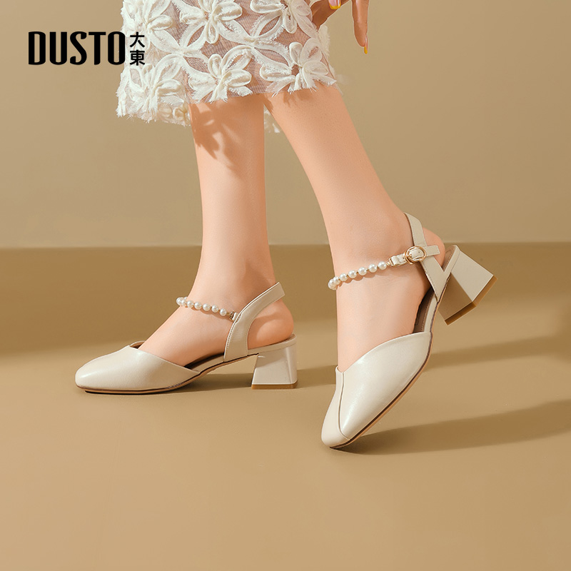 大东dd一字带后空凉鞋女2025夏季法式粗跟女鞋包头单鞋外穿小皮鞋
