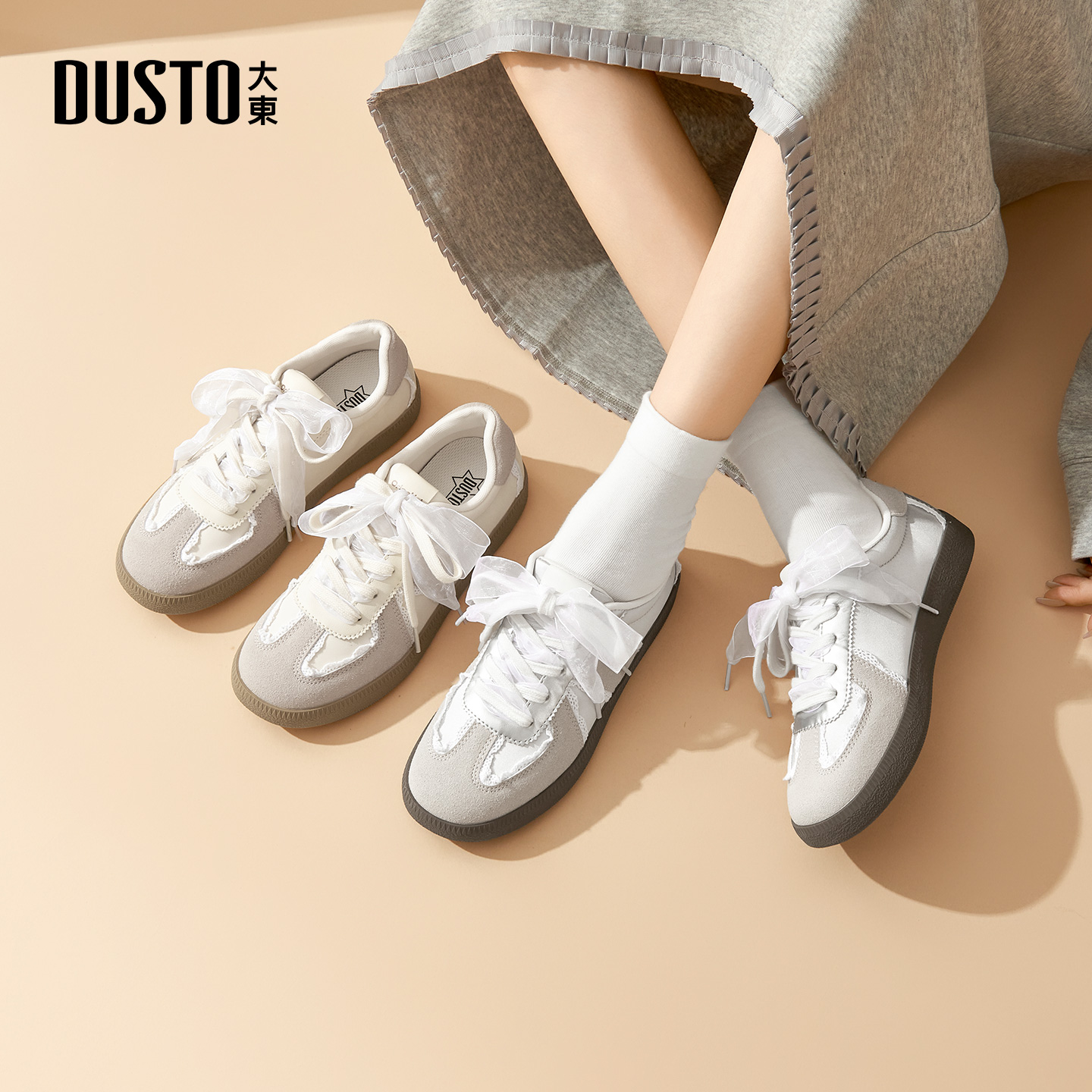 大东德训鞋女鞋2025秋季新款休闲平底低跟圆头双拼系带蕾丝Q7741
