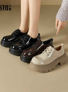 大东乐福鞋女鞋2025秋季新款简约风高跟粗跟圆头系带舒适Q0133