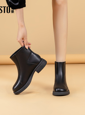 大东时装靴2025冬季加绒保暖粗跟圆头中跟小短靴女鞋0222
