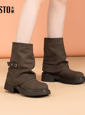 大东时装靴女鞋2025冬季新款时尚休闲优雅粗跟中跟套脚圆头D0148