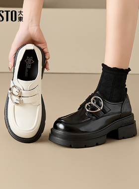 大东乐福鞋女鞋2025秋季新款时尚休闲粗跟高跟魔术贴圆头Q0100