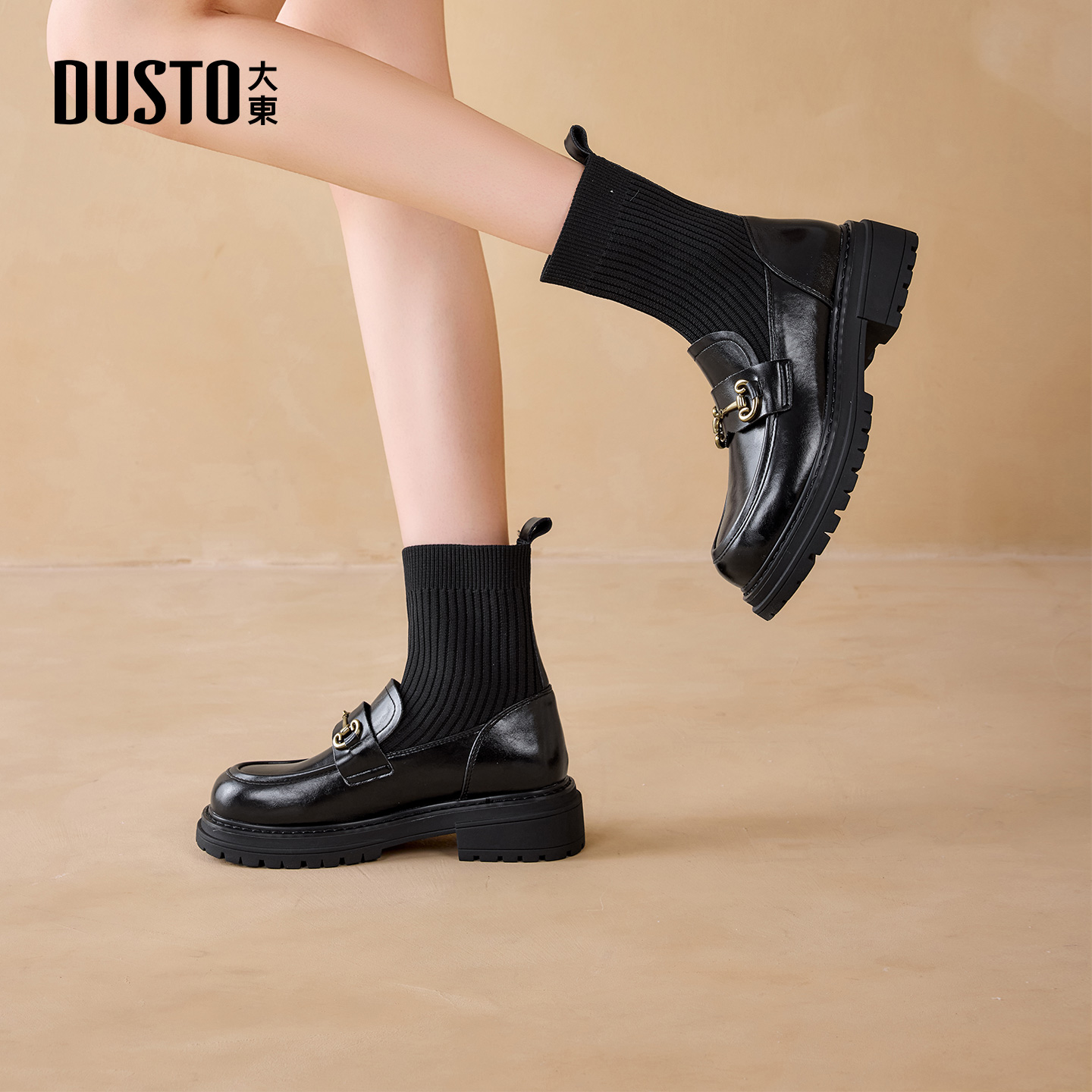 大东袜靴女鞋2025年冬季新款韩版粗跟中跟套筒圆头饰扣D0178