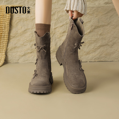 大东dd美拉德短靴女2025冬新款女靴增高靴子女鞋复古蝴蝶结马丁靴