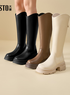 大东骑士靴女鞋2025冬季新款时尚休闲粗跟高跟后拉链圆头D0125