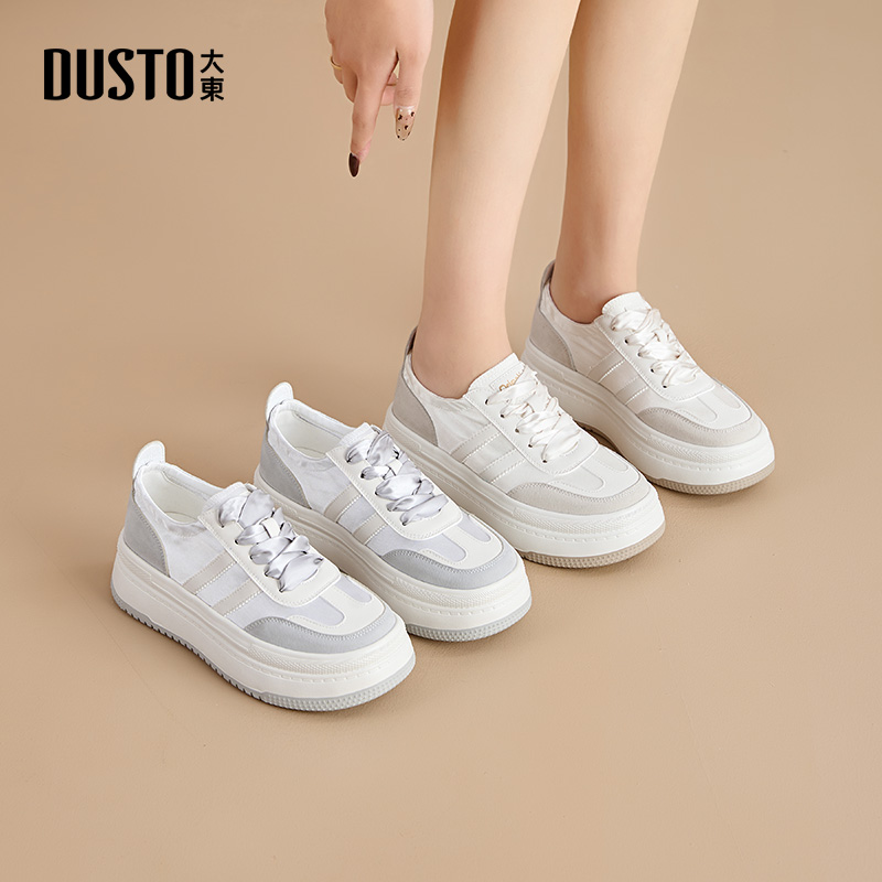 大东小白鞋平底中跟系带圆头