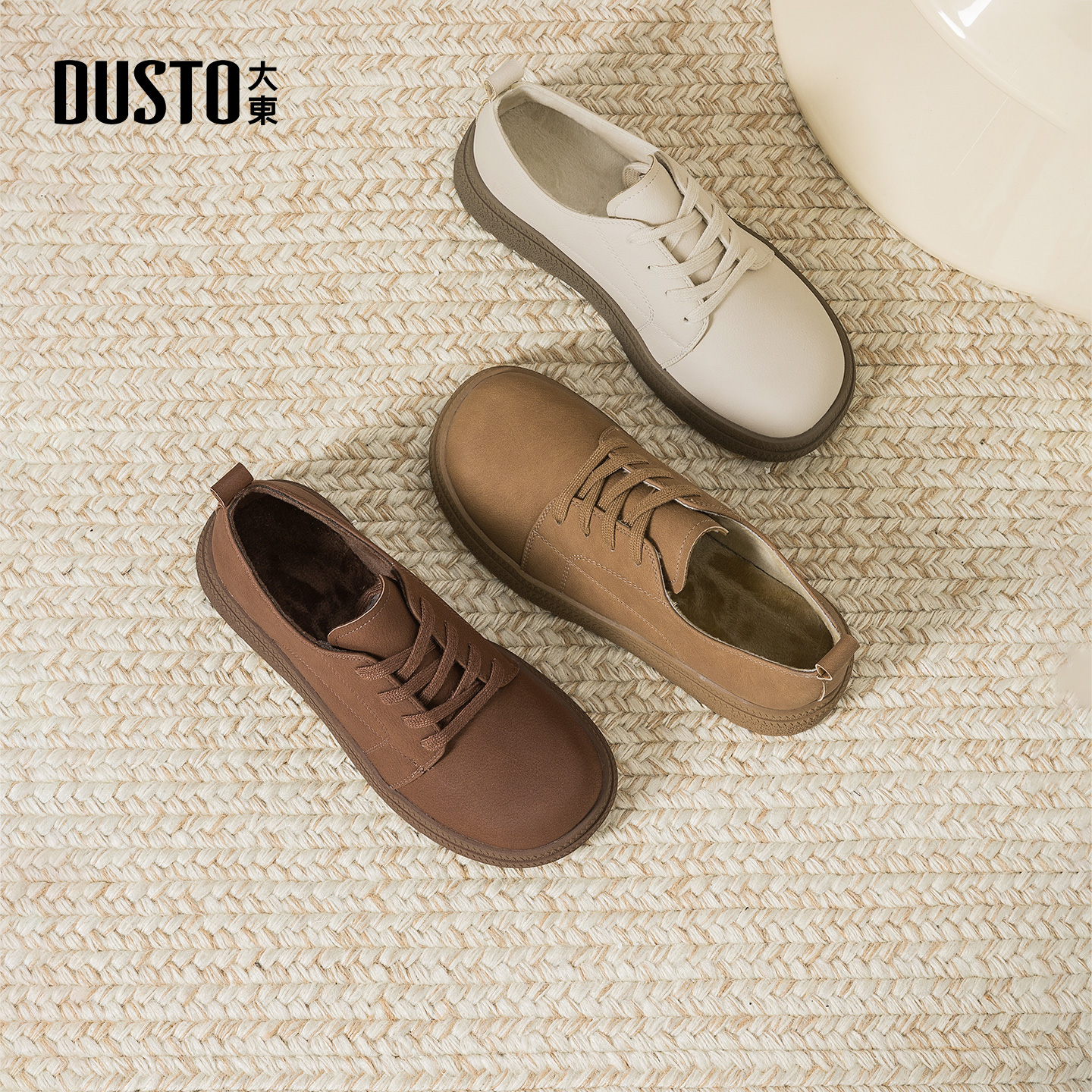 大东棉靴女鞋2025年冬季新款学院舒适平底中跟圆头棕色加绒乐福鞋