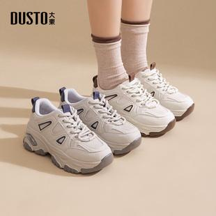 新款 2026春季 平底高跟系带圆头材质拼贴休闲 女鞋 大东老爹鞋