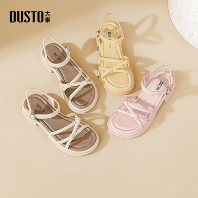 大东绑带凉鞋女鞋2025夏季新款粗跟中跟露趾一字扣罗马风格X0255