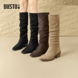 粗跟高跟方头优雅黑色堆堆靴瘦瘦靴 新款 大东长筒靴女鞋 2025年冬季