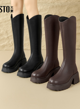 大东骑士靴女鞋2025年冬季新款粗跟高跟后拉链圆头长筒靴D0131