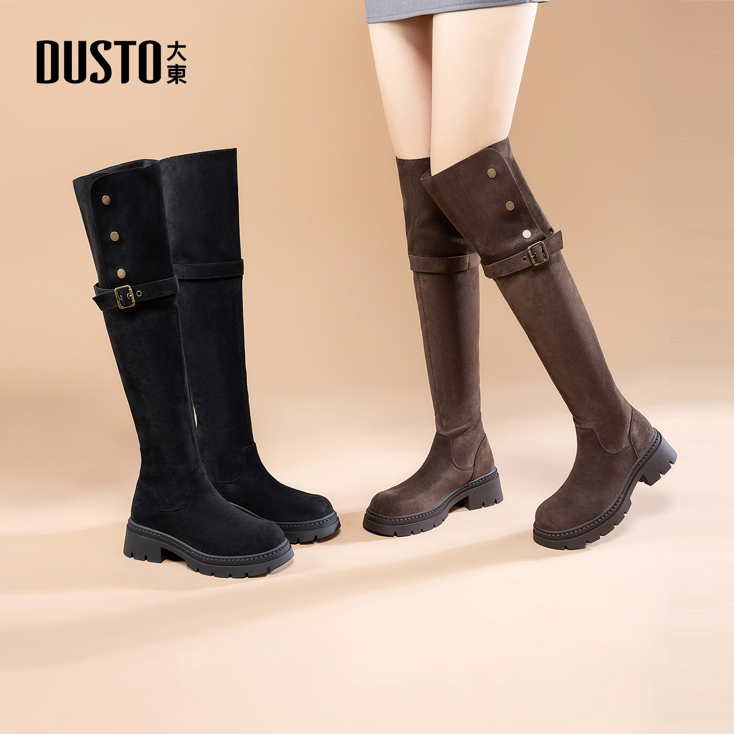 大东dd长筒靴女2025新款爆款秋冬季复古女靴百搭厚底高筒骑士长靴