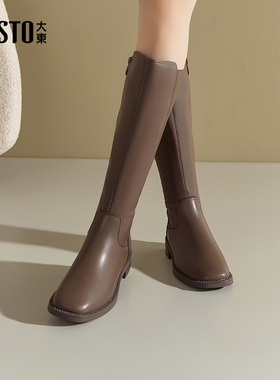 大东骑士靴女鞋2025冬季新款休闲方跟低跟侧拉链方头长筒靴0167