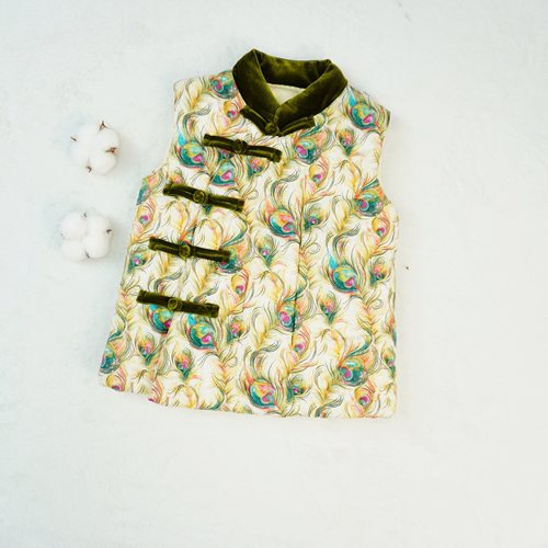 MD012 绿羽毛海浪手工棉花马甲男宝女宝新中式花棉袄棉服复古保暖