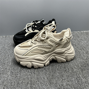品牌撤柜老爹鞋 新款圆头真皮拼接网布6cm厚底小个子轻便运动女鞋