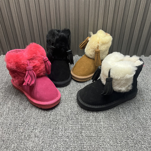 真皮处理女童羊毛一体雪地靴冬季新款羊毛加厚时尚流苏牛皮短靴子