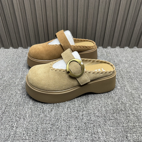 处理5cm厚底真皮包头半拖鞋女