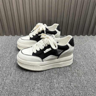 真皮网面透气6cm内增高小个子板鞋 新款 2025年夏季 处理厚底网面鞋