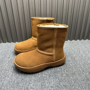 专柜处理真皮厚底雪地靴女2025年冬季 英伦风加绒保暖东北中筒棉鞋
