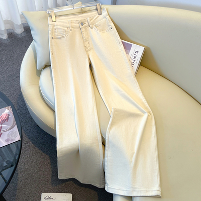 拉夏贝尔杏色微喇低腰牛仔裤女式不贴腿宽松直筒裤简约百搭拖地裤