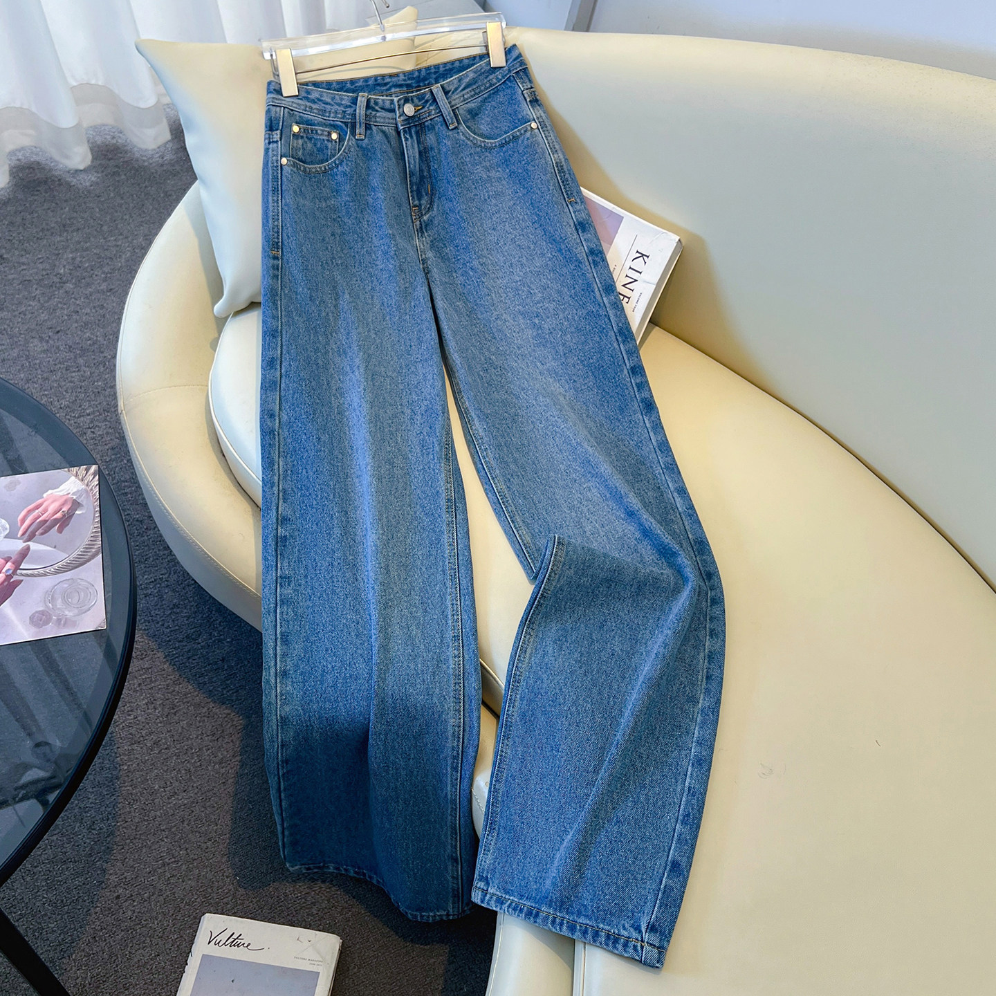 拉夏贝尔深蓝低腰直筒牛仔裤女阔腿垂感裤复古宽松百搭休闲裤拖地