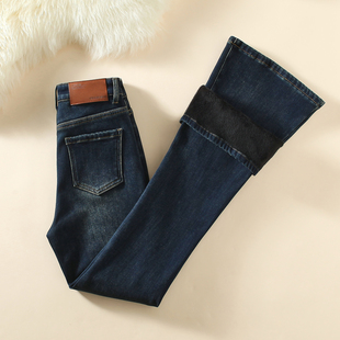 弹力牛仔拖地裤 微喇女裤 正品 拉夏贝尔复古深蓝加绒保暖百搭喇叭裤