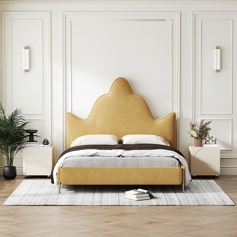法式奶油风布艺床现代简约1.8米床小户型主卧美式轻奢双人绒布床