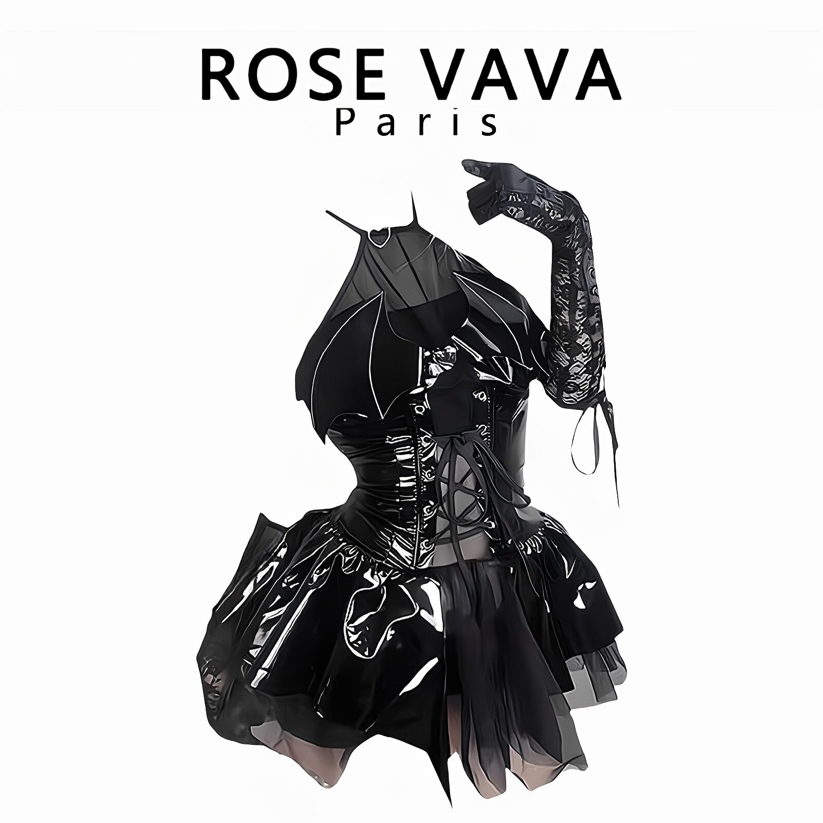 ROSE VAVA小恶魔皮裙显瘦可爱套装网红主播连体黑色短裙