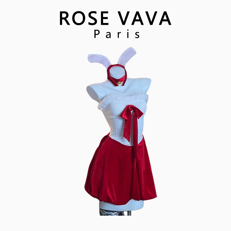 ROSE VAVA圣诞节性感红色丝绒抹胸纯欲兔女郎制服